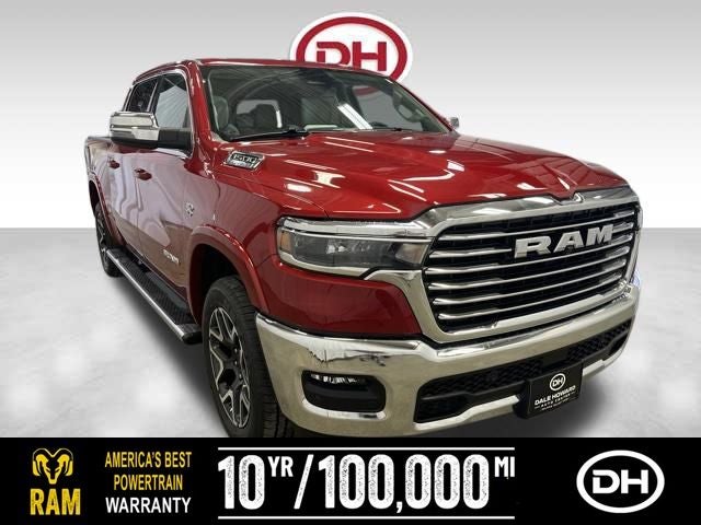 2026 RAM 1500 Laramie in Molten Red Pearlcoat — front three-quarter view