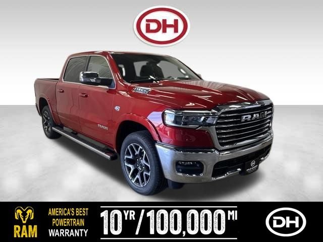 2026 RAM 1500 Laramie in Molten Red Pearlcoat — front three-quarter view